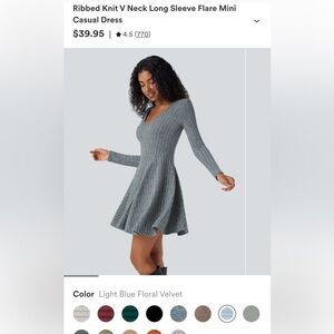 Ribbed Knit V Neck Long Sleeve Flare Mini Casual Dress - Light Blue Floral